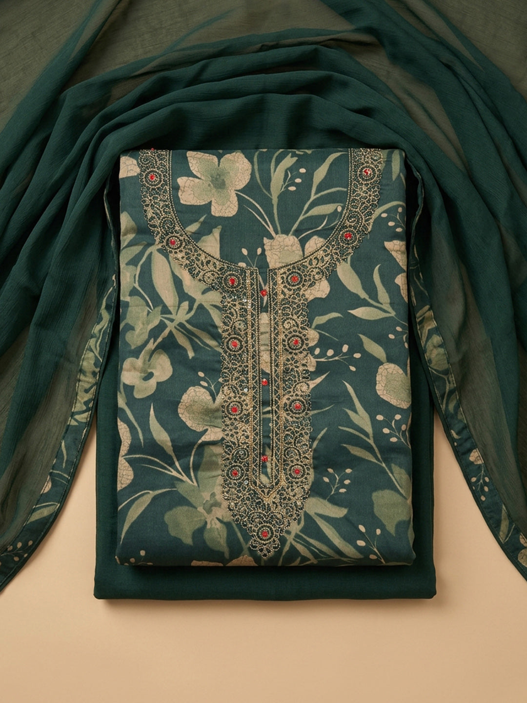 Bottle Green Embroidered Cotton Blend Unstitched Suit With Pant &amp; Dupatta