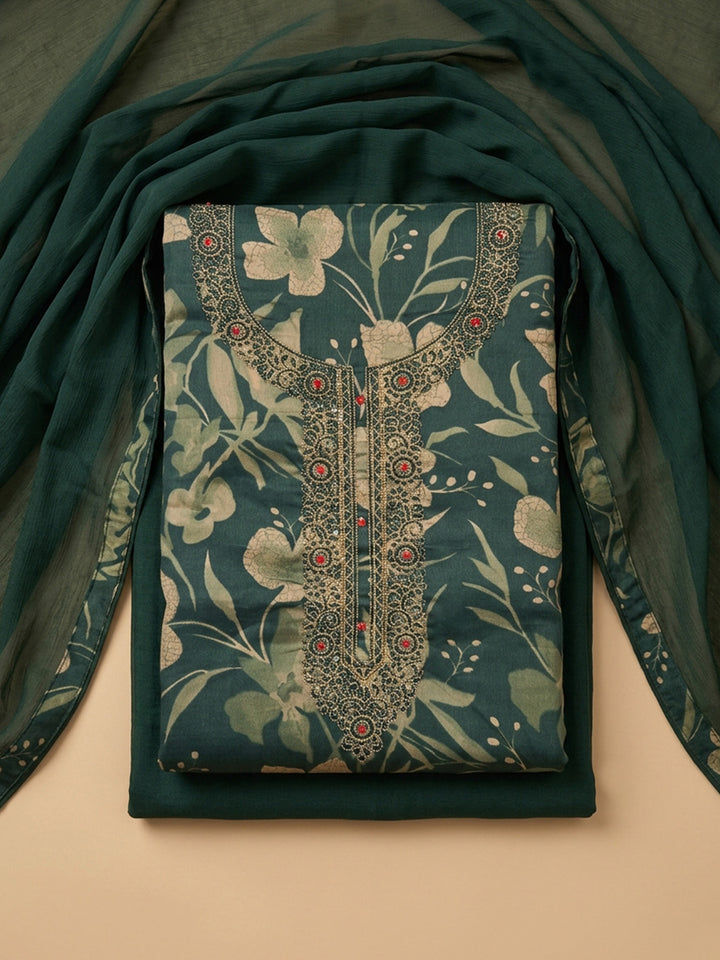 Bottle Green Embroidered Cotton Blend Unstitched Suit With Pant &amp; Dupatta