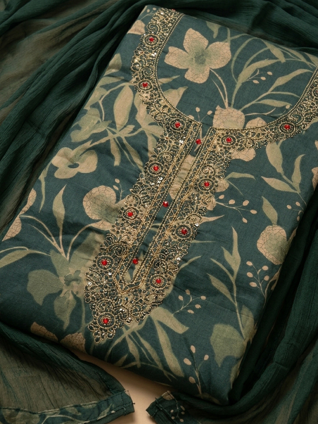 Bottle Green Embroidered Cotton Blend Unstitched Suit With Pant &amp; Dupatta