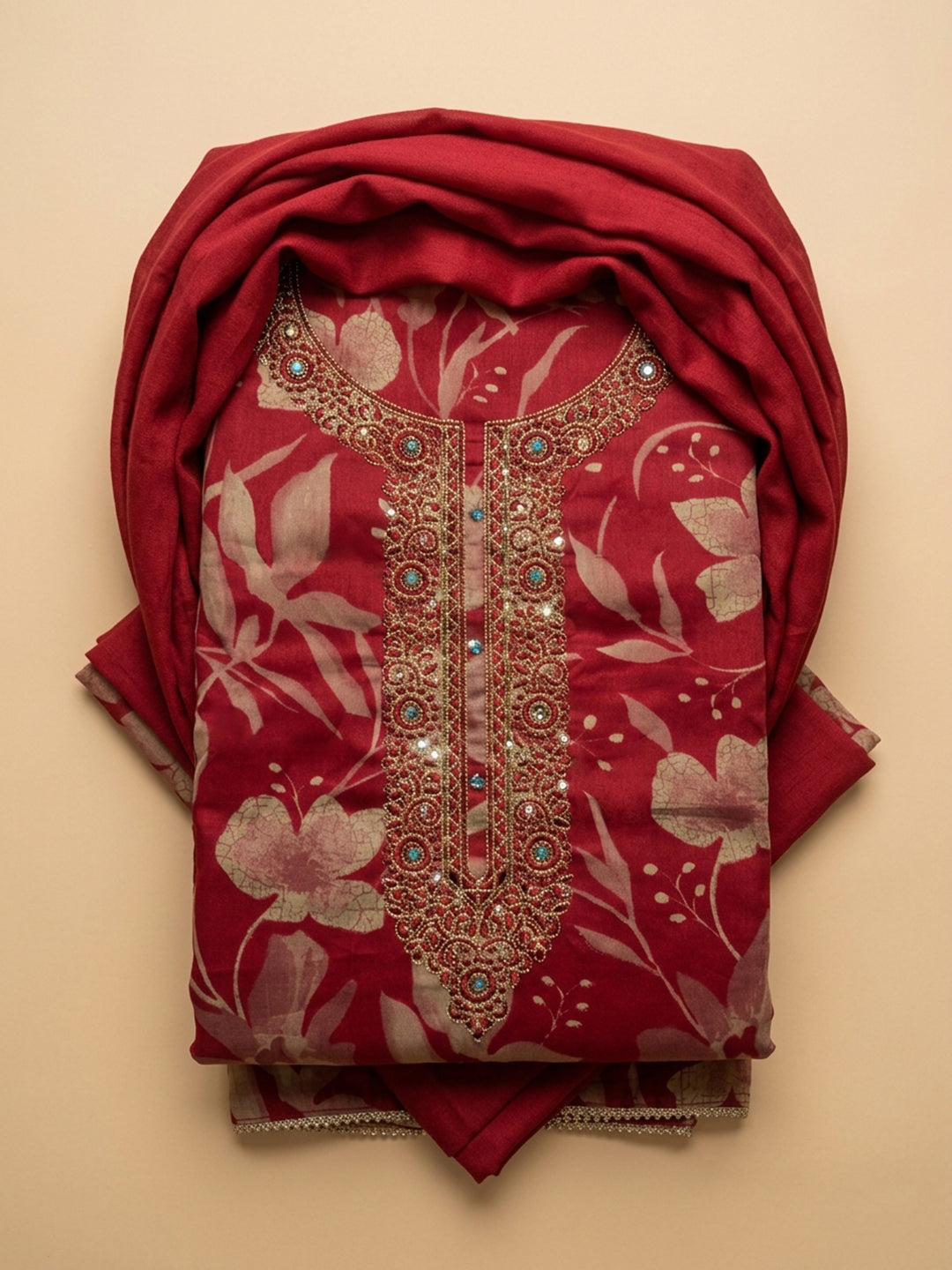 Maroon Embroidered Cotton Blend Unstitched Suit With Pant &amp; Dupatta