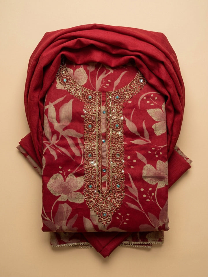 Maroon Embroidered Cotton Blend Unstitched Suit With Pant &amp; Dupatta