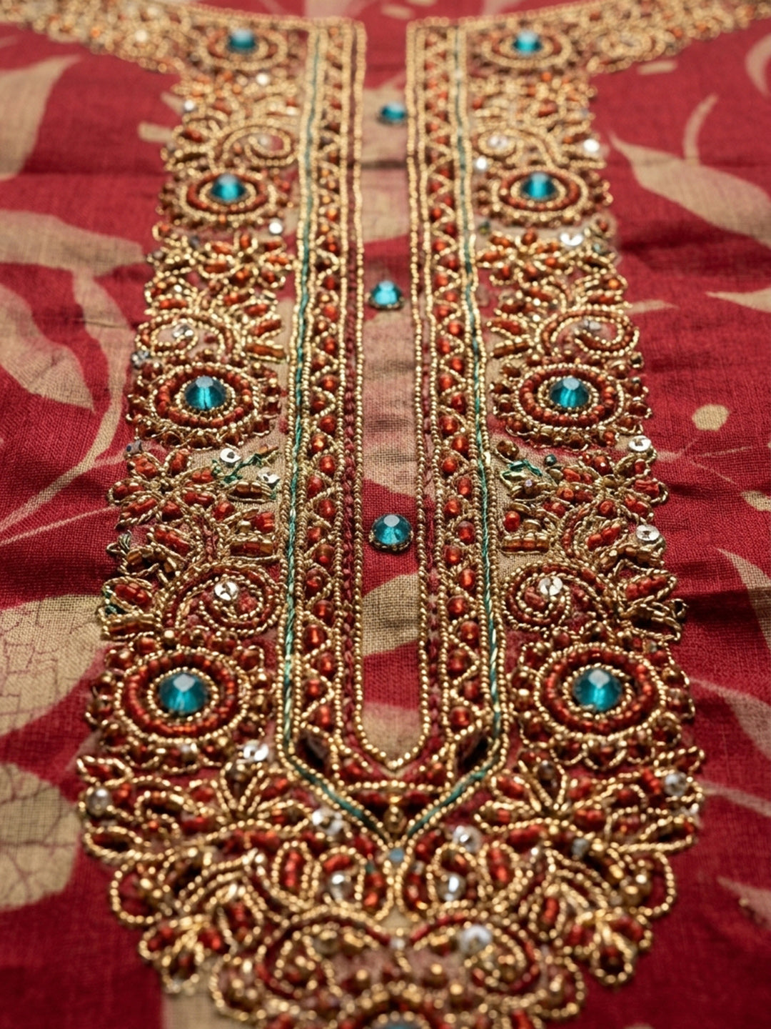 Maroon Embroidered Cotton Blend Unstitched Suit With Pant &amp; Dupatta