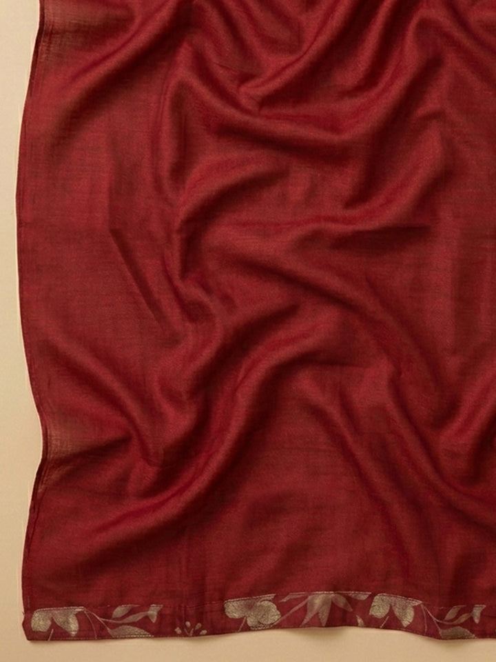 Maroon Embroidered Cotton Blend Unstitched Suit With Pant &amp; Dupatta