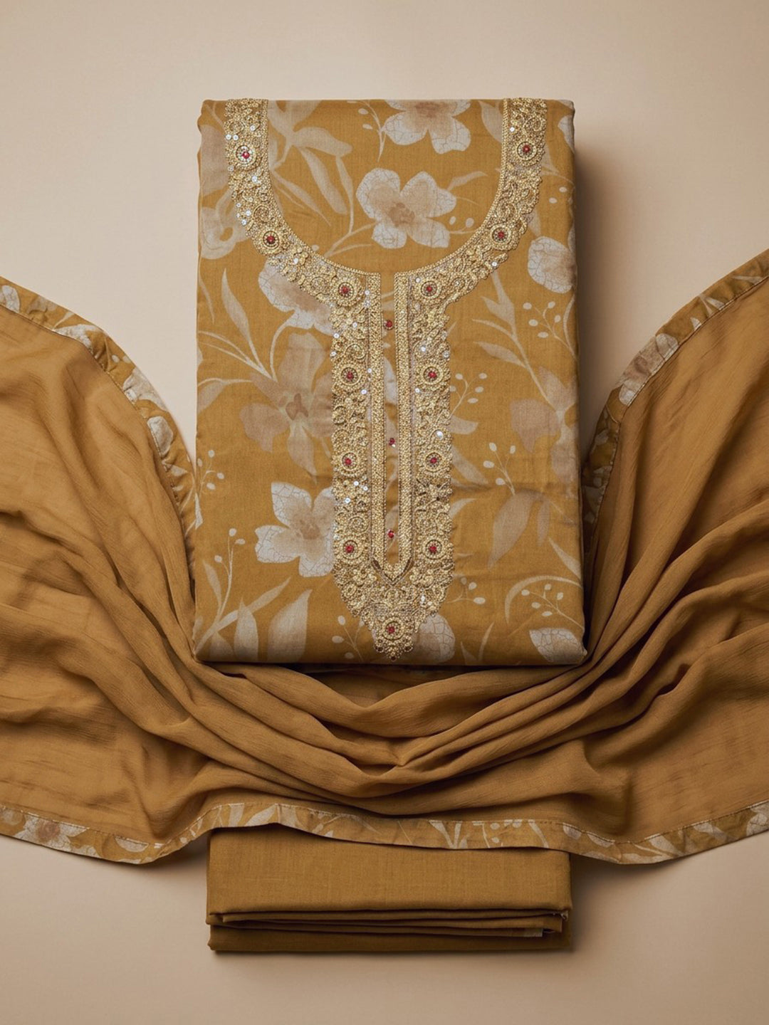 Mustard Embroidered Cotton Blend Unstitched Suit With Pant &amp; Dupatta