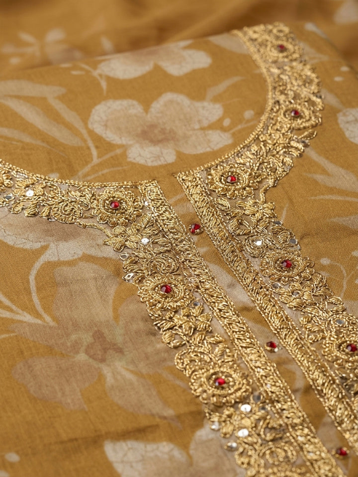 Mustard Embroidered Cotton Blend Unstitched Suit With Pant &amp; Dupatta
