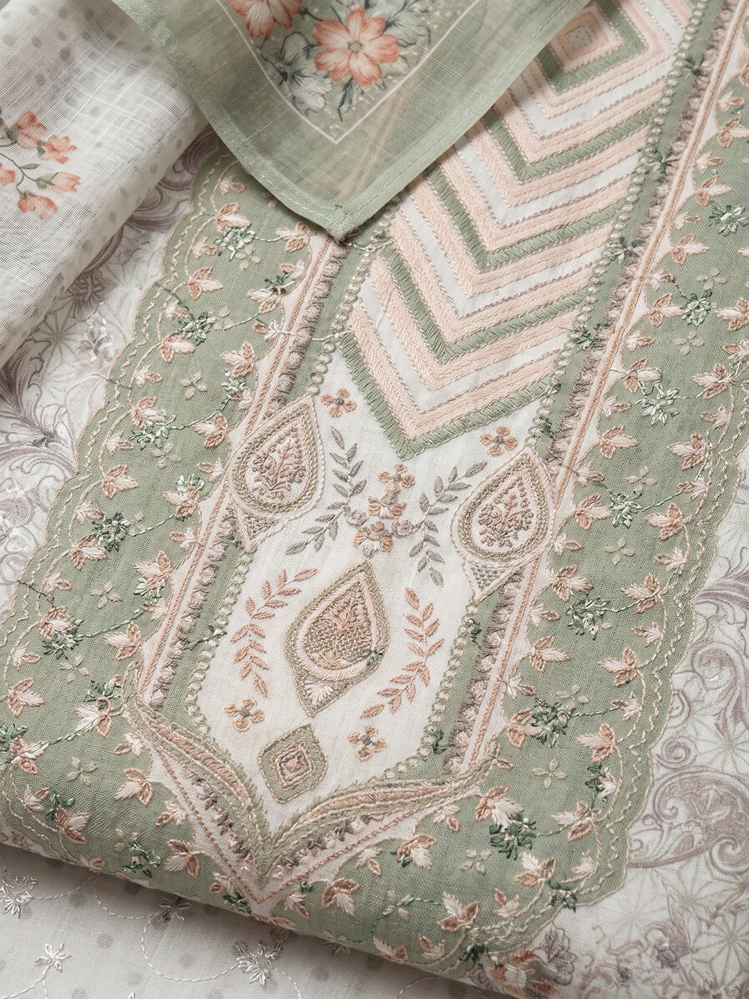 Aqua Green Printed Cotton Blend Unstitched Suit With Pant &amp; Dupatta