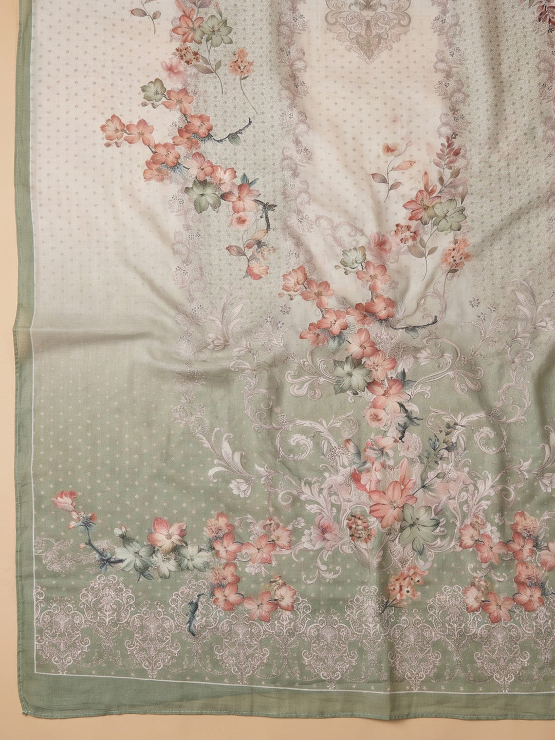 Aqua Green Printed Cotton Blend Unstitched Suit With Pant &amp; Dupatta