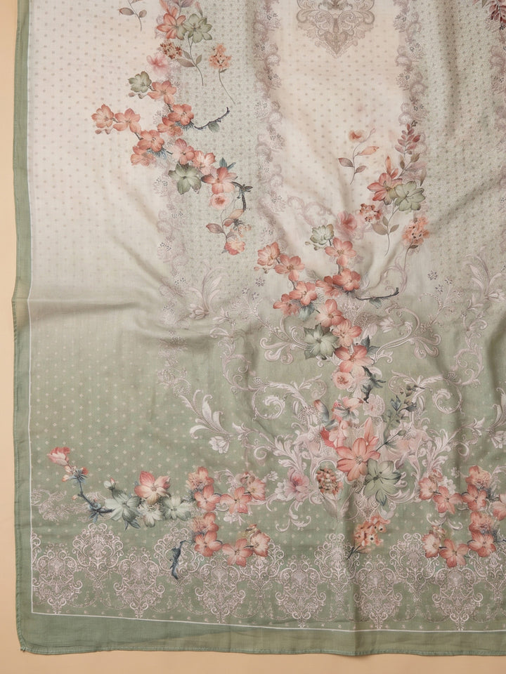 Aqua Green Printed Cotton Blend Unstitched Suit With Pant &amp; Dupatta