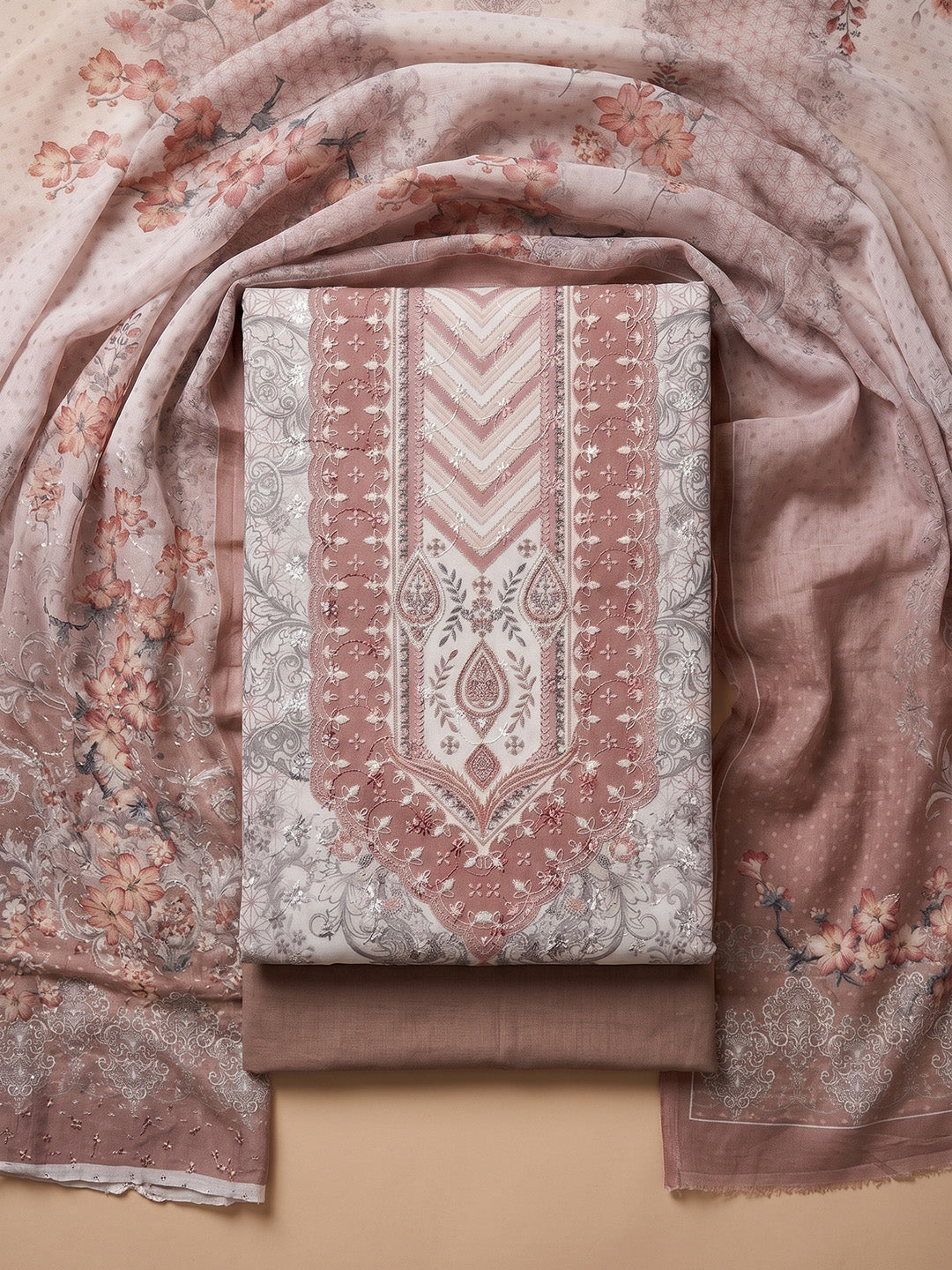Dusty Pink Printed Cotton Blend Unstitched Suit With Pant &amp; Dupatta