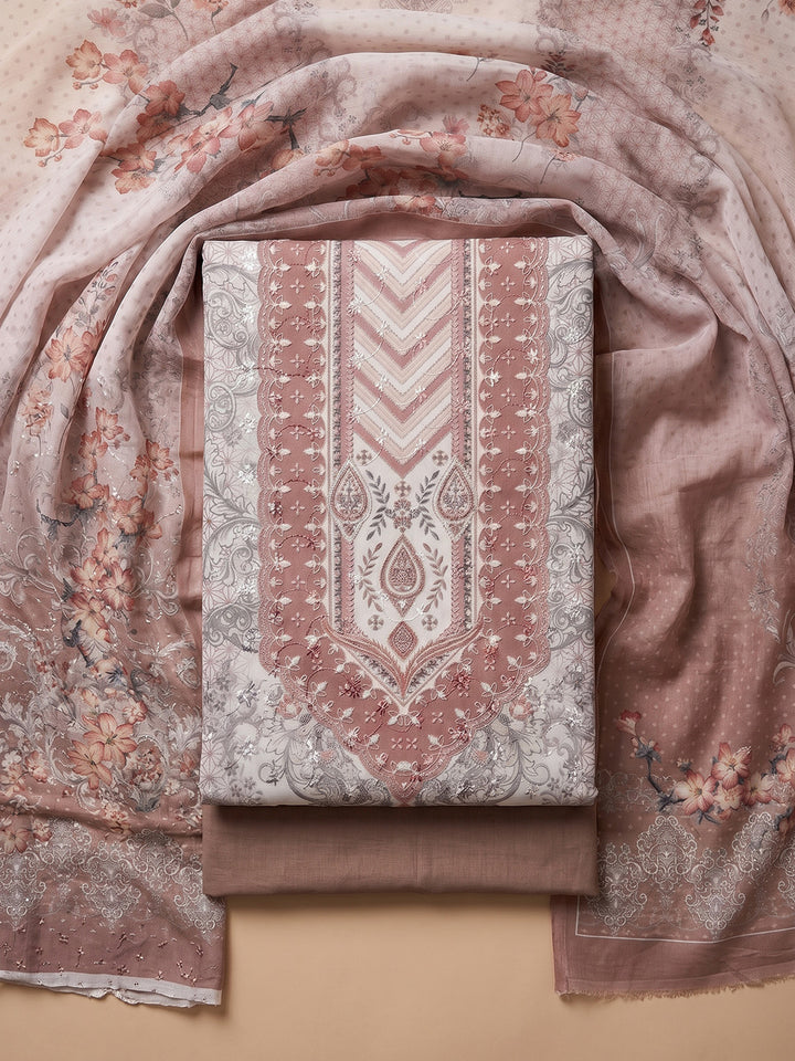 Dusty Pink Printed Cotton Blend Unstitched Suit With Pant &amp; Dupatta