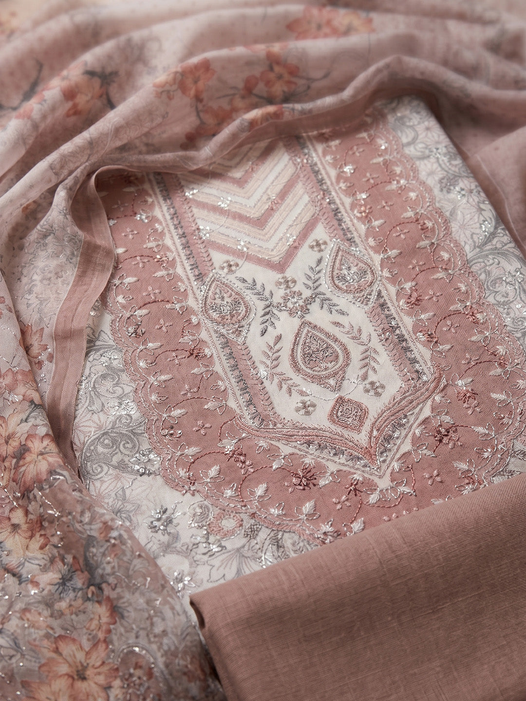 Dusty Pink Printed Cotton Blend Unstitched Suit With Pant &amp; Dupatta