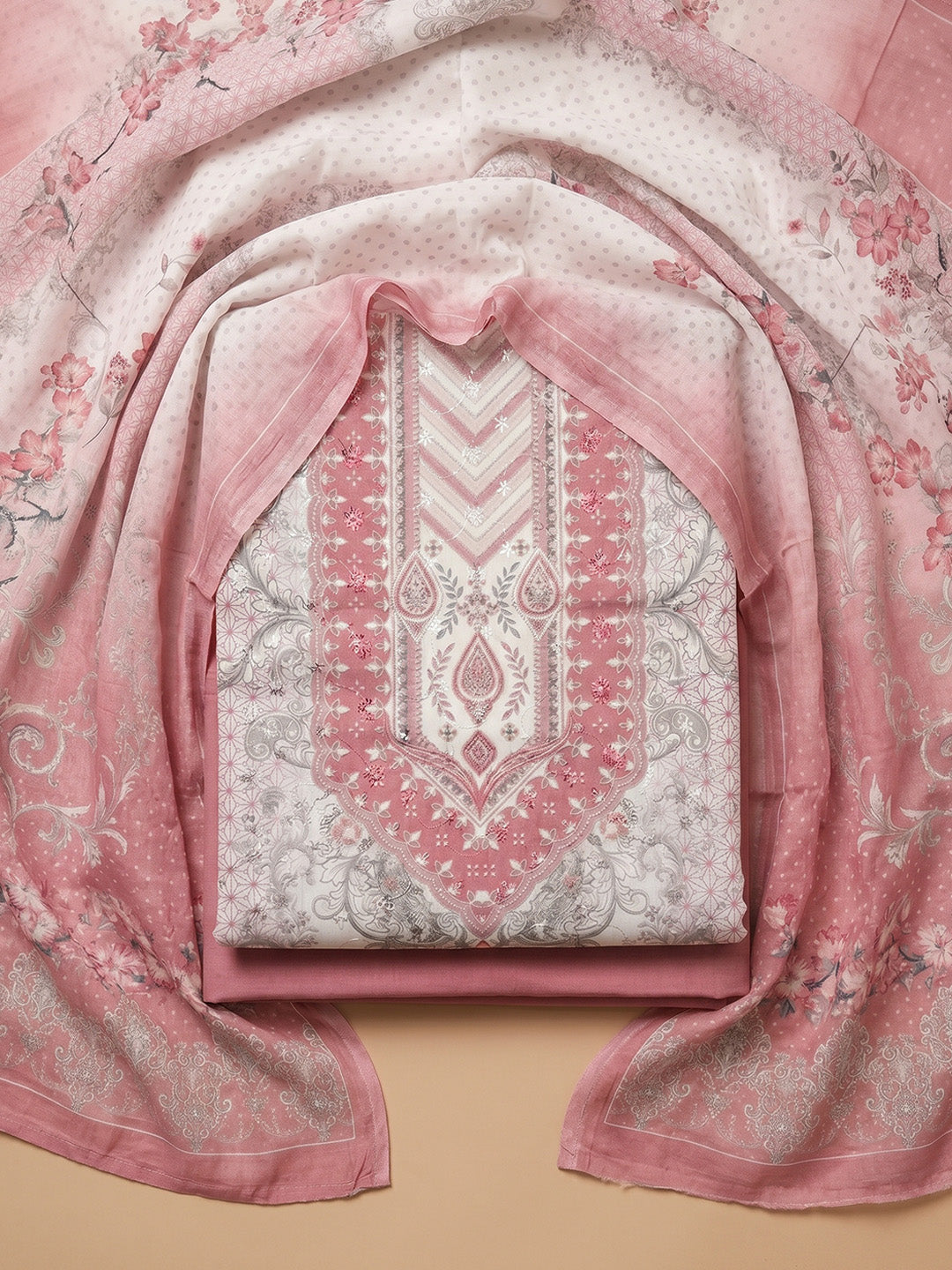 Pink Printed Cotton Blend Unstitched Suit With Pant &amp; Dupatta