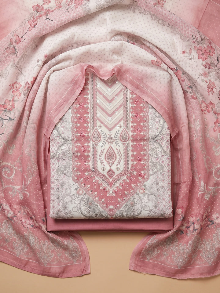 Pink Printed Cotton Blend Unstitched Suit With Pant &amp; Dupatta