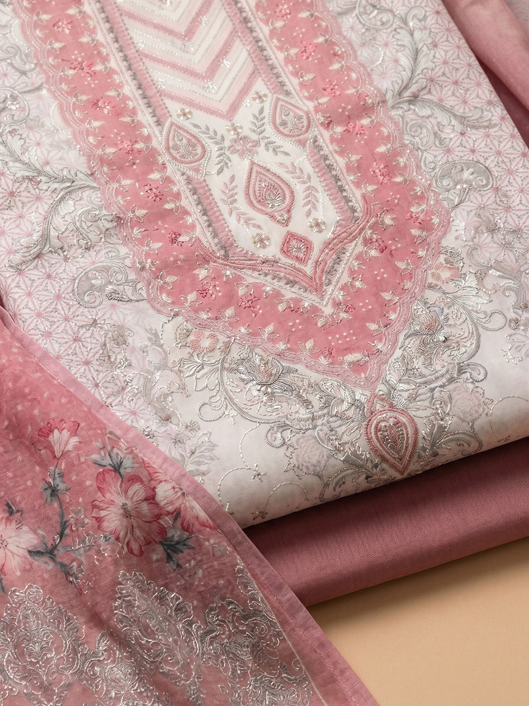 Pink Printed Cotton Blend Unstitched Suit With Pant &amp; Dupatta