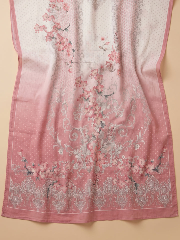 Pink Printed Cotton Blend Unstitched Suit With Pant &amp; Dupatta