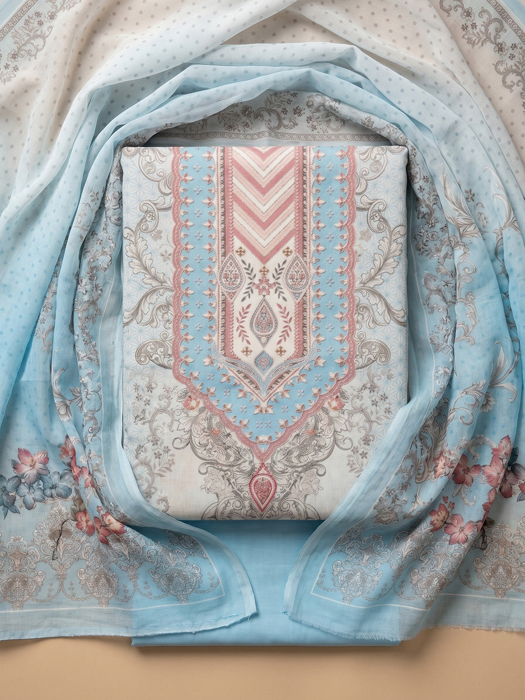 Sky Blue Printed Cotton Blend Unstitched Suit With Pant &amp; Dupatta