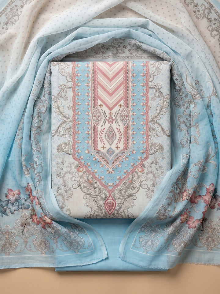Sky Blue Printed Cotton Blend Unstitched Suit With Pant &amp; Dupatta