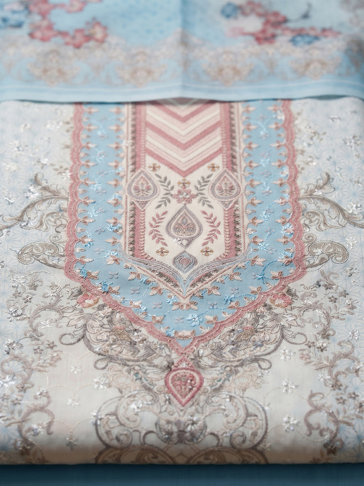 Sky Blue Printed Cotton Blend Unstitched Suit With Pant &amp; Dupatta