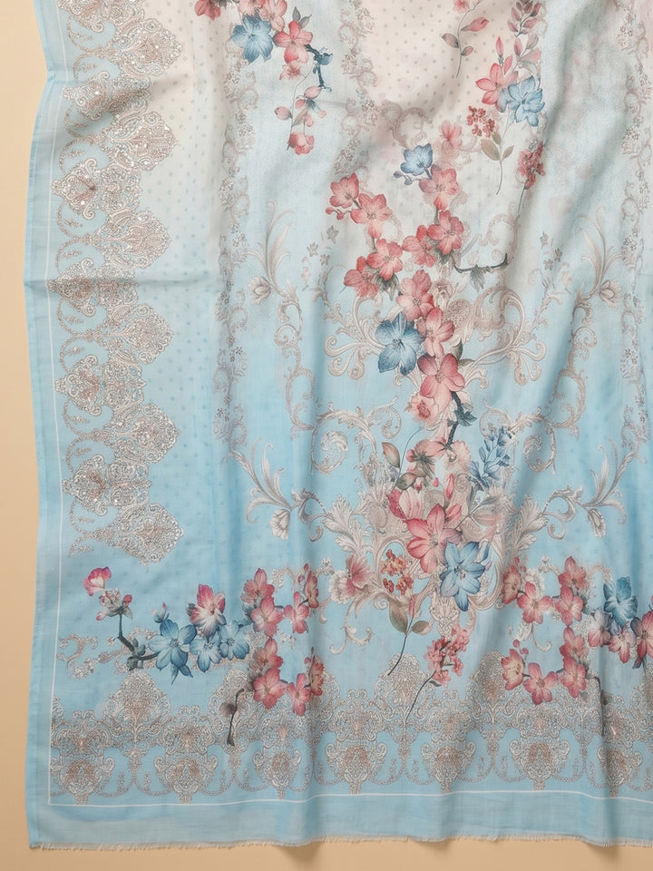 Sky Blue Printed Cotton Blend Unstitched Suit With Pant &amp; Dupatta
