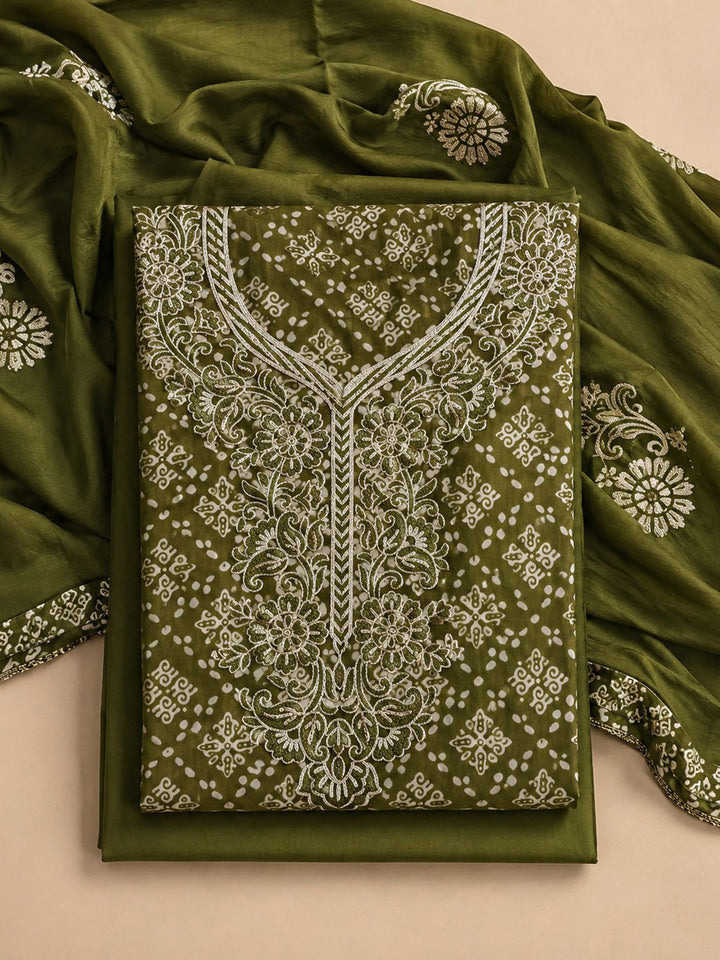 Green Embroidered Cotton Blend Unstitched Suit &amp; Pant With Cotton Dupatta