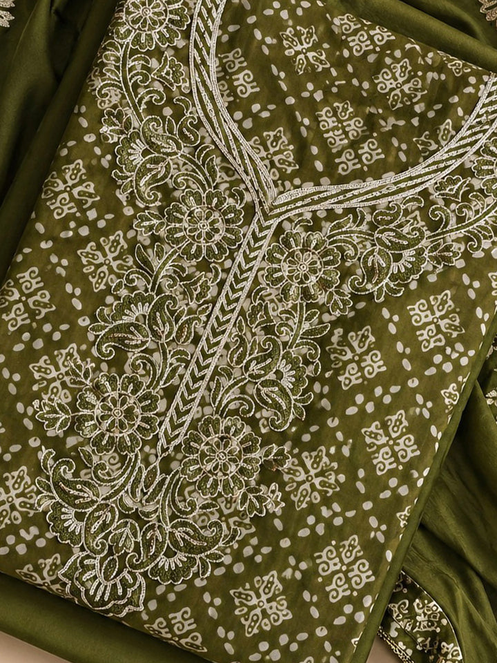 Green Embroidered Cotton Blend Unstitched Suit &amp; Pant With Cotton Dupatta