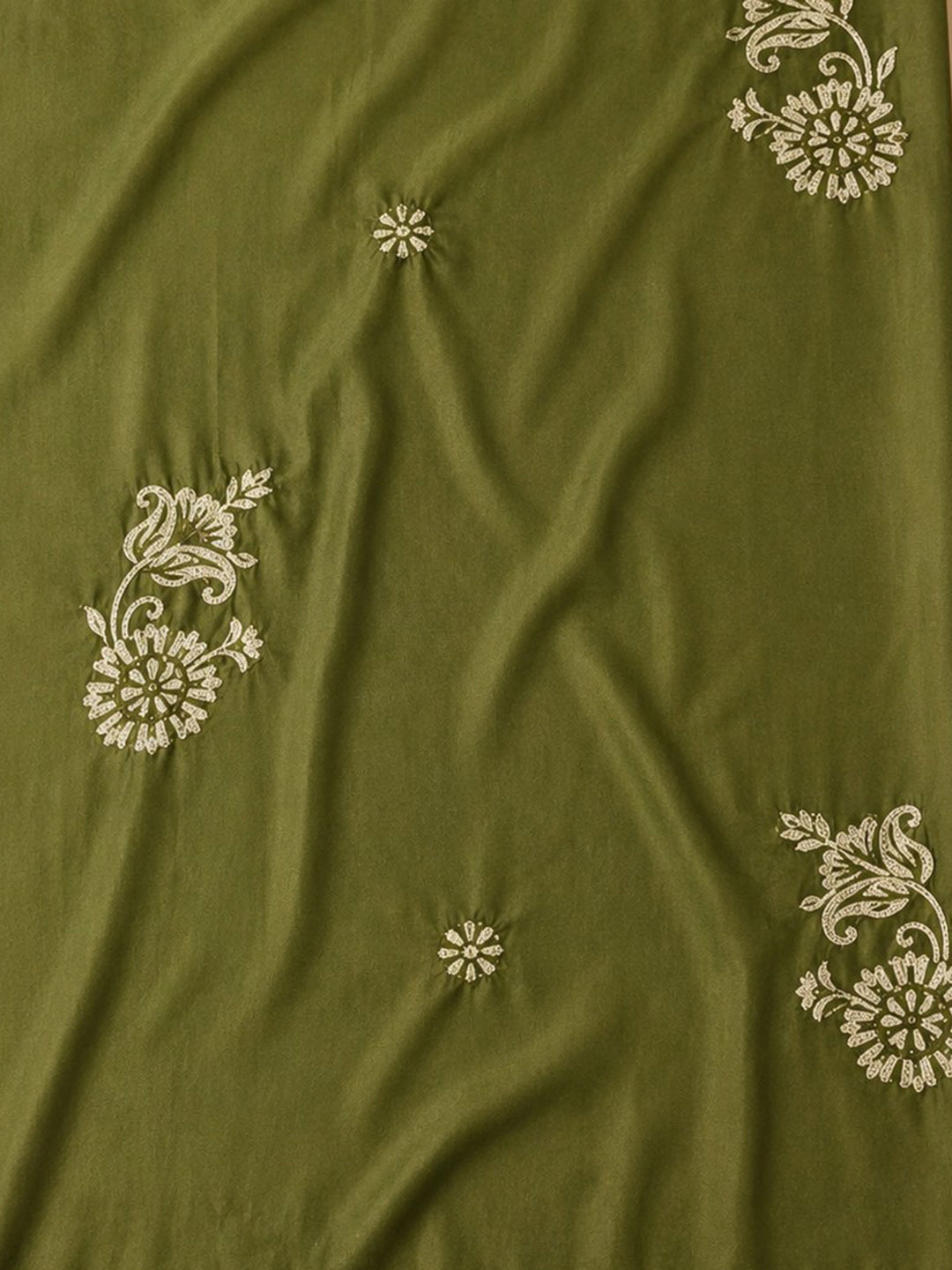 Green Embroidered Cotton Blend Unstitched Suit &amp; Pant With Cotton Dupatta