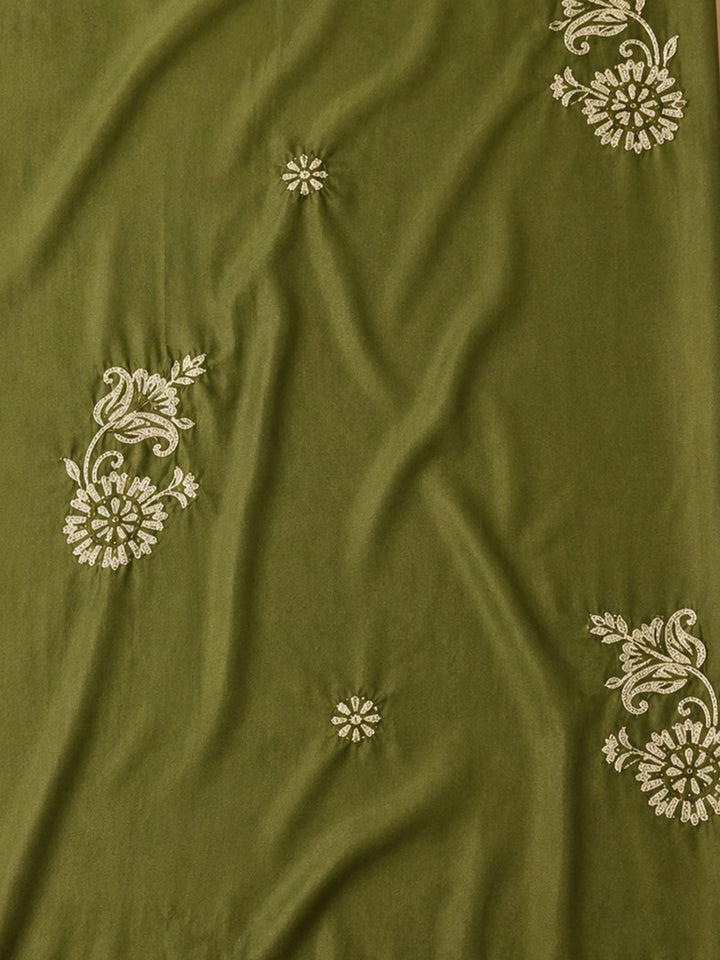 Green Embroidered Cotton Blend Unstitched Suit &amp; Pant With Cotton Dupatta