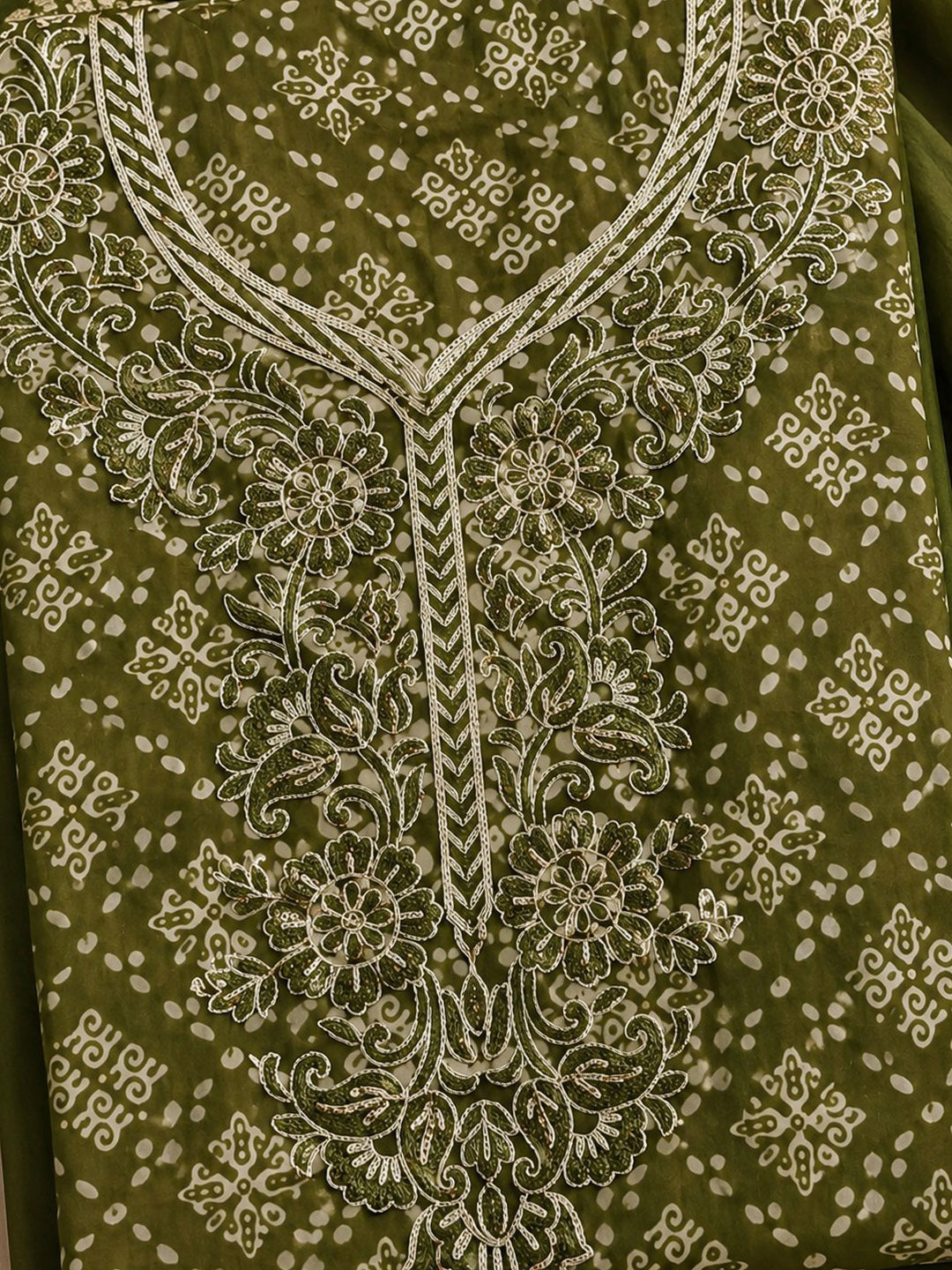 Green Embroidered Cotton Blend Unstitched Suit &amp; Pant With Cotton Dupatta