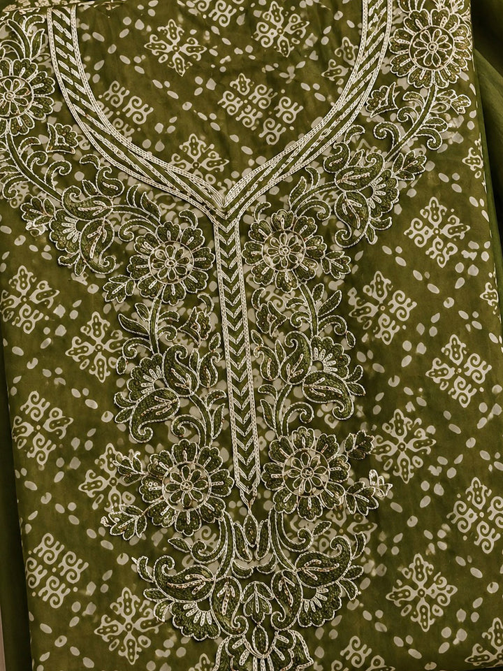 Green Embroidered Cotton Blend Unstitched Suit &amp; Pant With Cotton Dupatta