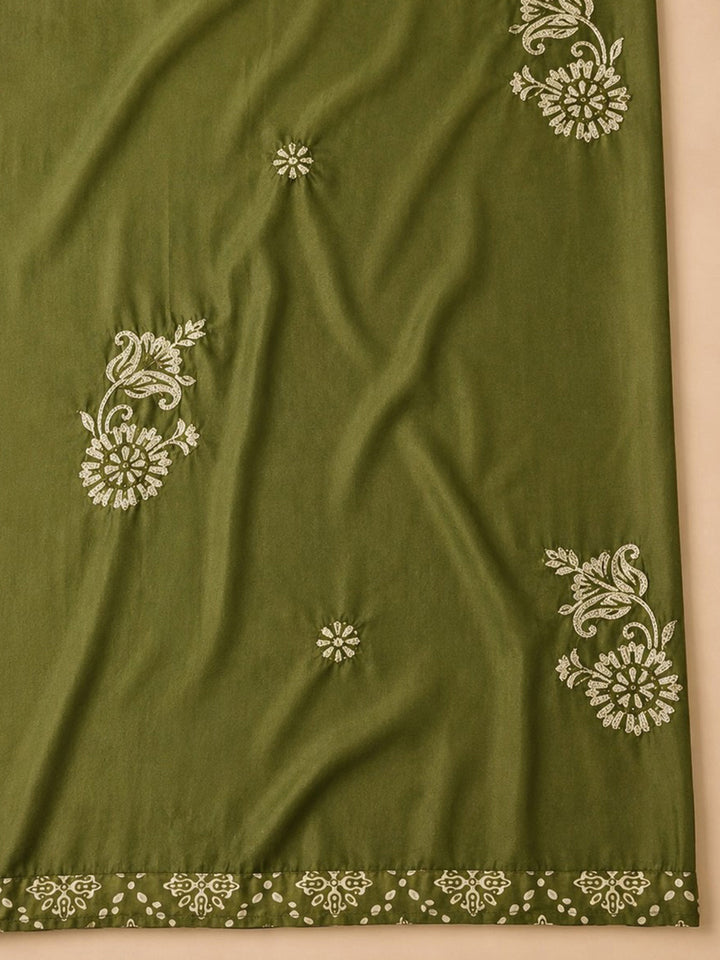 Green Embroidered Cotton Blend Unstitched Suit &amp; Pant With Cotton Dupatta