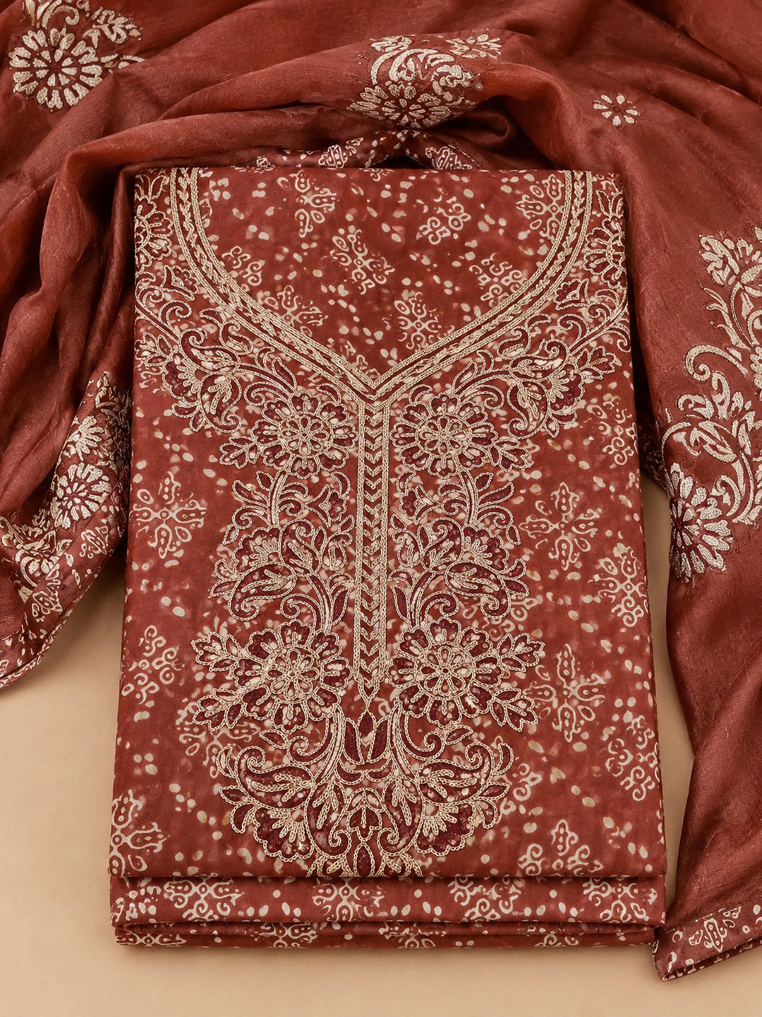 Maroon Embroidered Cotton Blend Unstitched Suit &amp; Pant With Cotton Dupatta