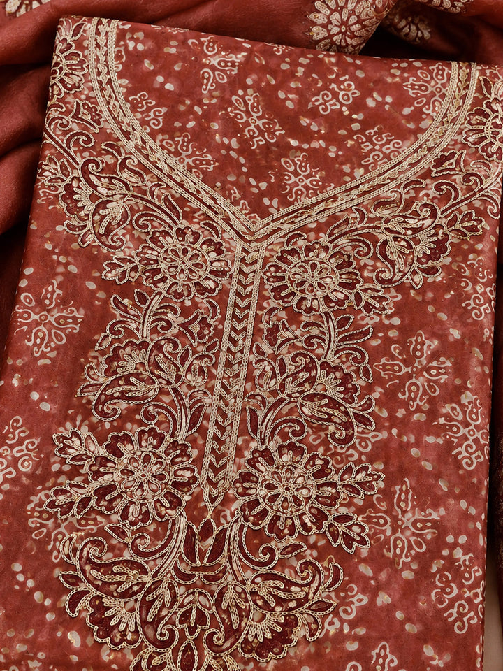 Maroon Embroidered Cotton Blend Unstitched Suit &amp; Pant With Cotton Dupatta