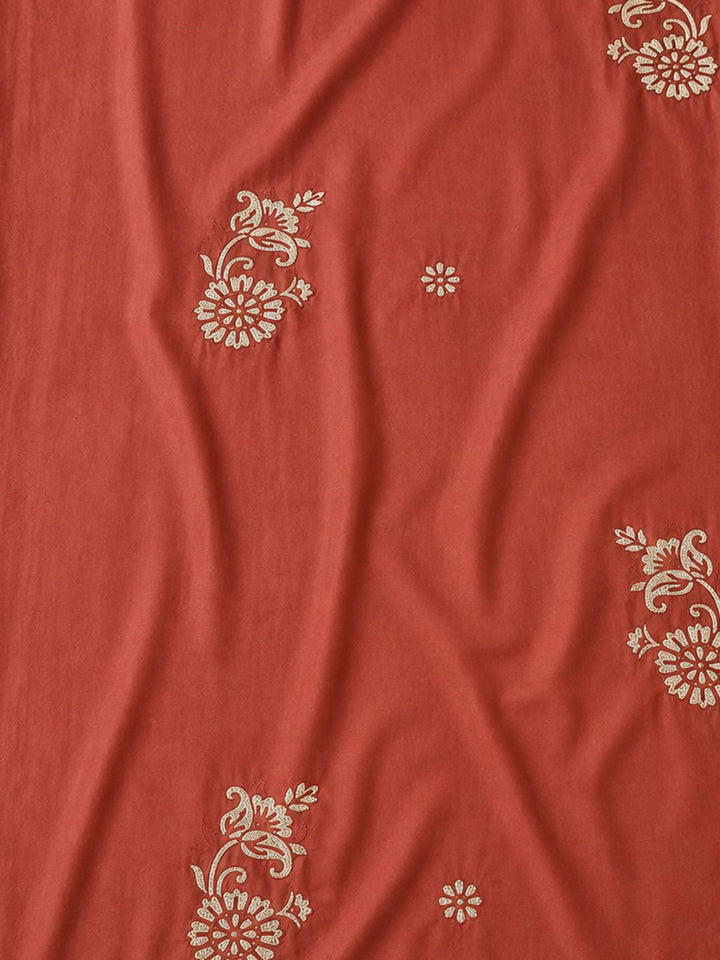 Maroon Embroidered Cotton Blend Unstitched Suit &amp; Pant With Cotton Dupatta