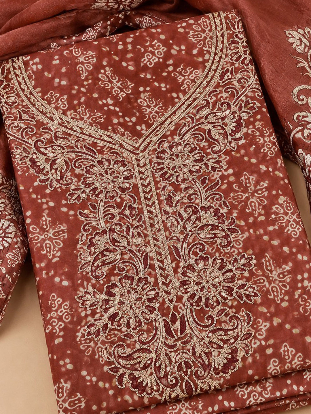 Maroon Embroidered Cotton Blend Unstitched Suit &amp; Pant With Cotton Dupatta