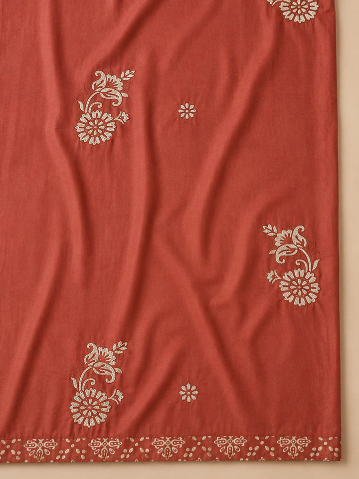 Maroon Embroidered Cotton Blend Unstitched Suit &amp; Pant With Cotton Dupatta