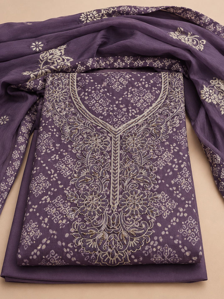 Purple Embroidered Cotton Blend Unstitched Suit &amp; Pant With Cotton Dupatta