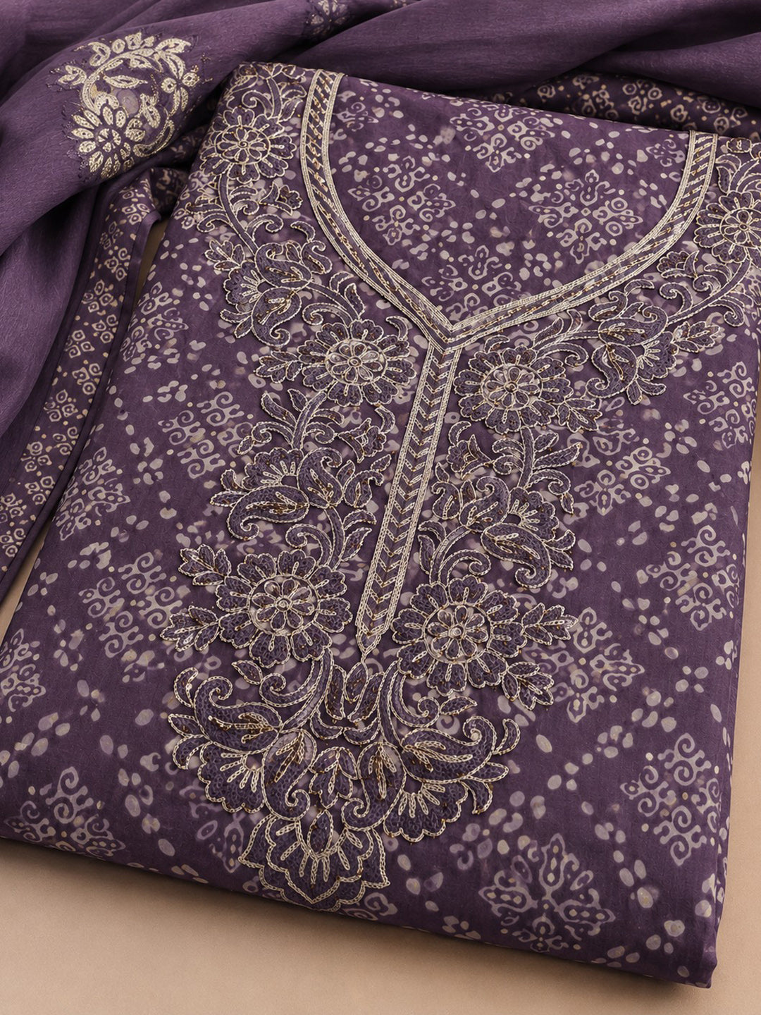 Purple Embroidered Cotton Blend Unstitched Suit &amp; Pant With Cotton Dupatta