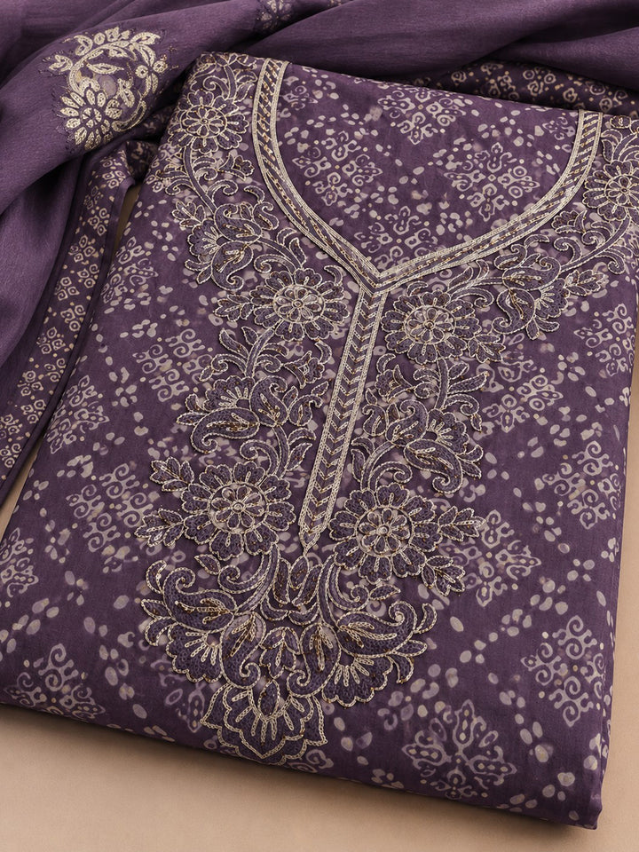 Purple Embroidered Cotton Blend Unstitched Suit &amp; Pant With Cotton Dupatta