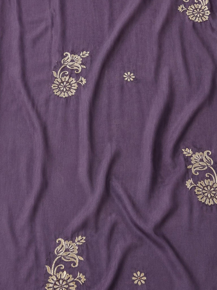 Purple Embroidered Cotton Blend Unstitched Suit &amp; Pant With Cotton Dupatta