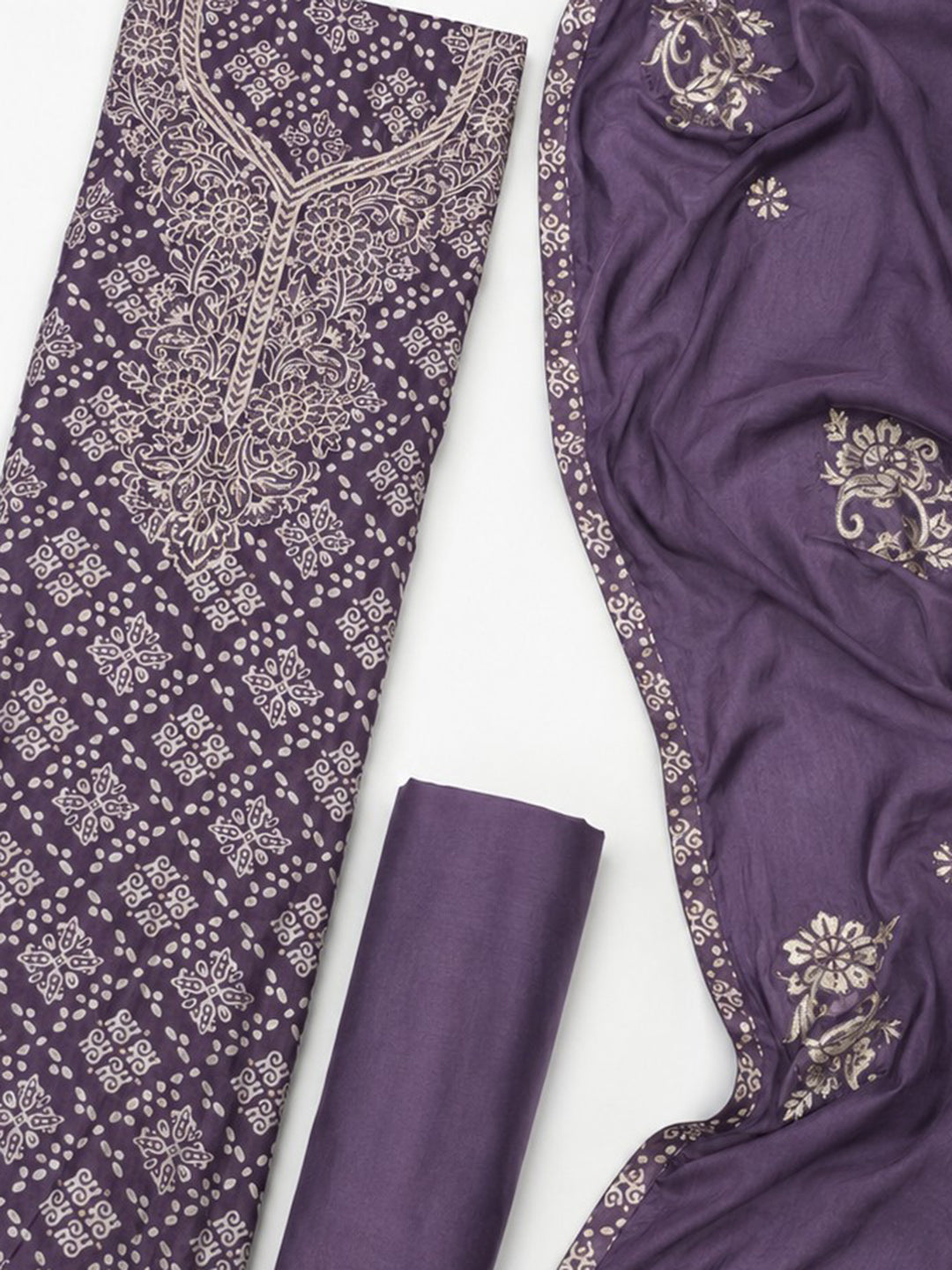 Purple Embroidered Cotton Blend Unstitched Suit &amp; Pant With Cotton Dupatta