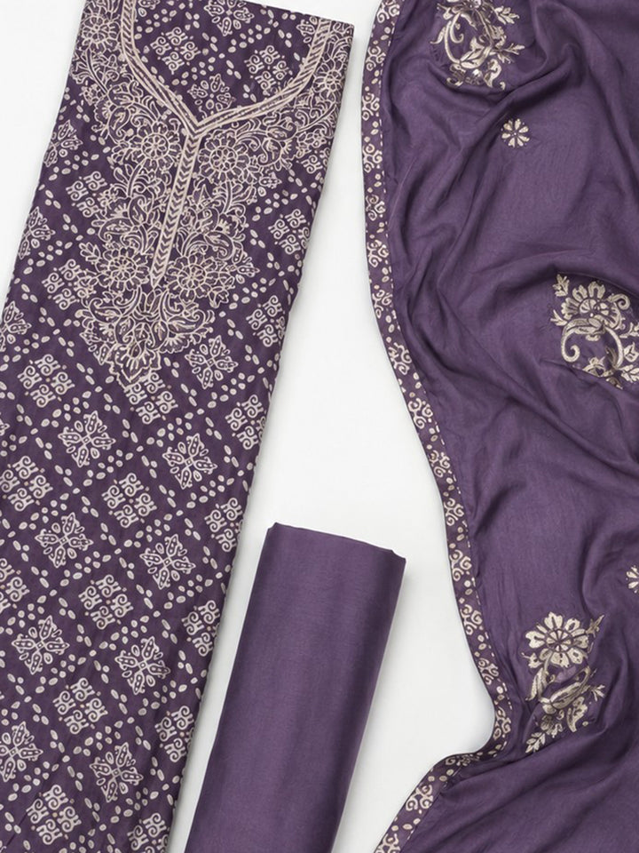 Purple Embroidered Cotton Blend Unstitched Suit &amp; Pant With Cotton Dupatta