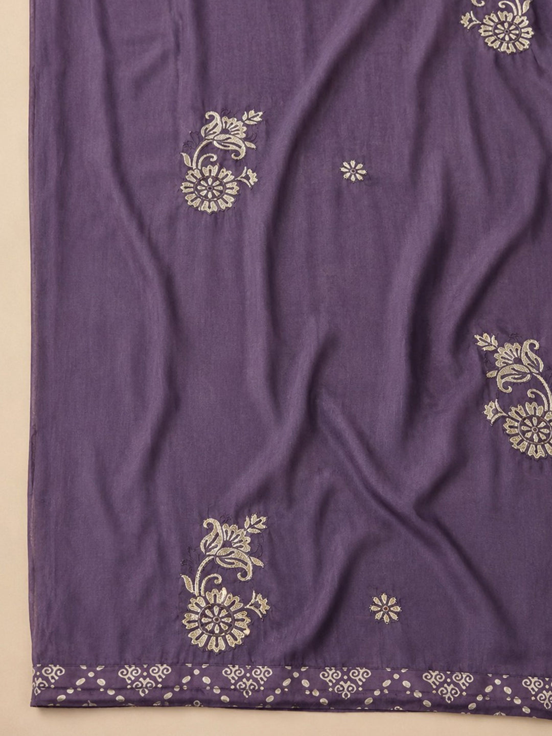 Purple Embroidered Cotton Blend Unstitched Suit &amp; Pant With Cotton Dupatta