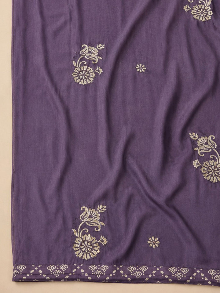 Purple Embroidered Cotton Blend Unstitched Suit &amp; Pant With Cotton Dupatta