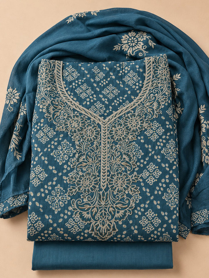 Teal Blue Embroidered Cotton Blend Unstitched Suit &amp; Pant With Cotton Dupatta