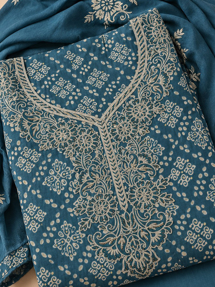 Teal Blue Embroidered Cotton Blend Unstitched Suit &amp; Pant With Cotton Dupatta