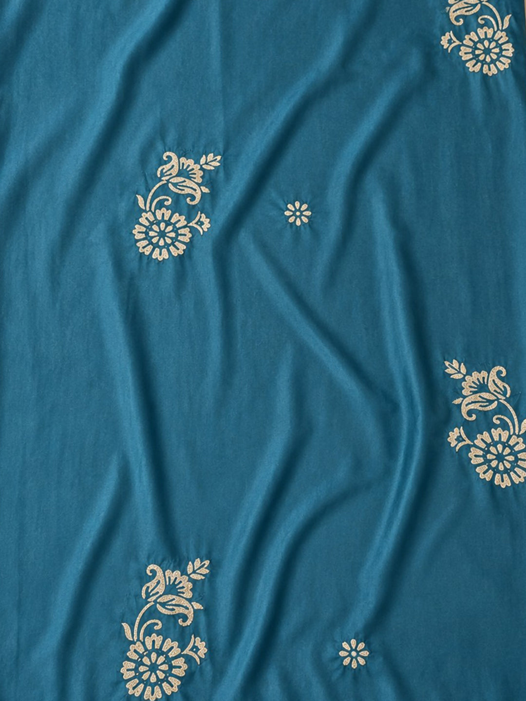 Teal Blue Embroidered Cotton Blend Unstitched Suit &amp; Pant With Cotton Dupatta