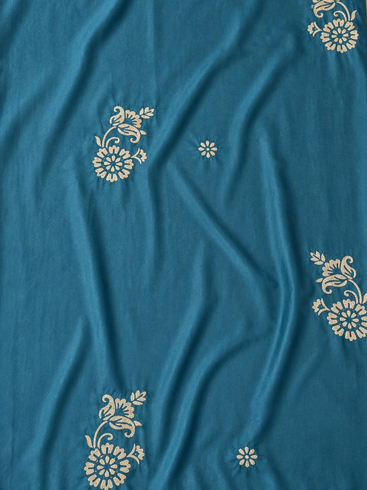 Teal Blue Embroidered Cotton Blend Unstitched Suit &amp; Pant With Cotton Dupatta
