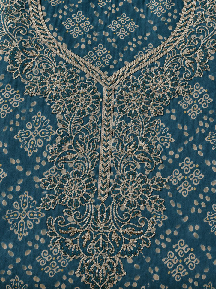 Teal Blue Embroidered Cotton Blend Unstitched Suit &amp; Pant With Cotton Dupatta