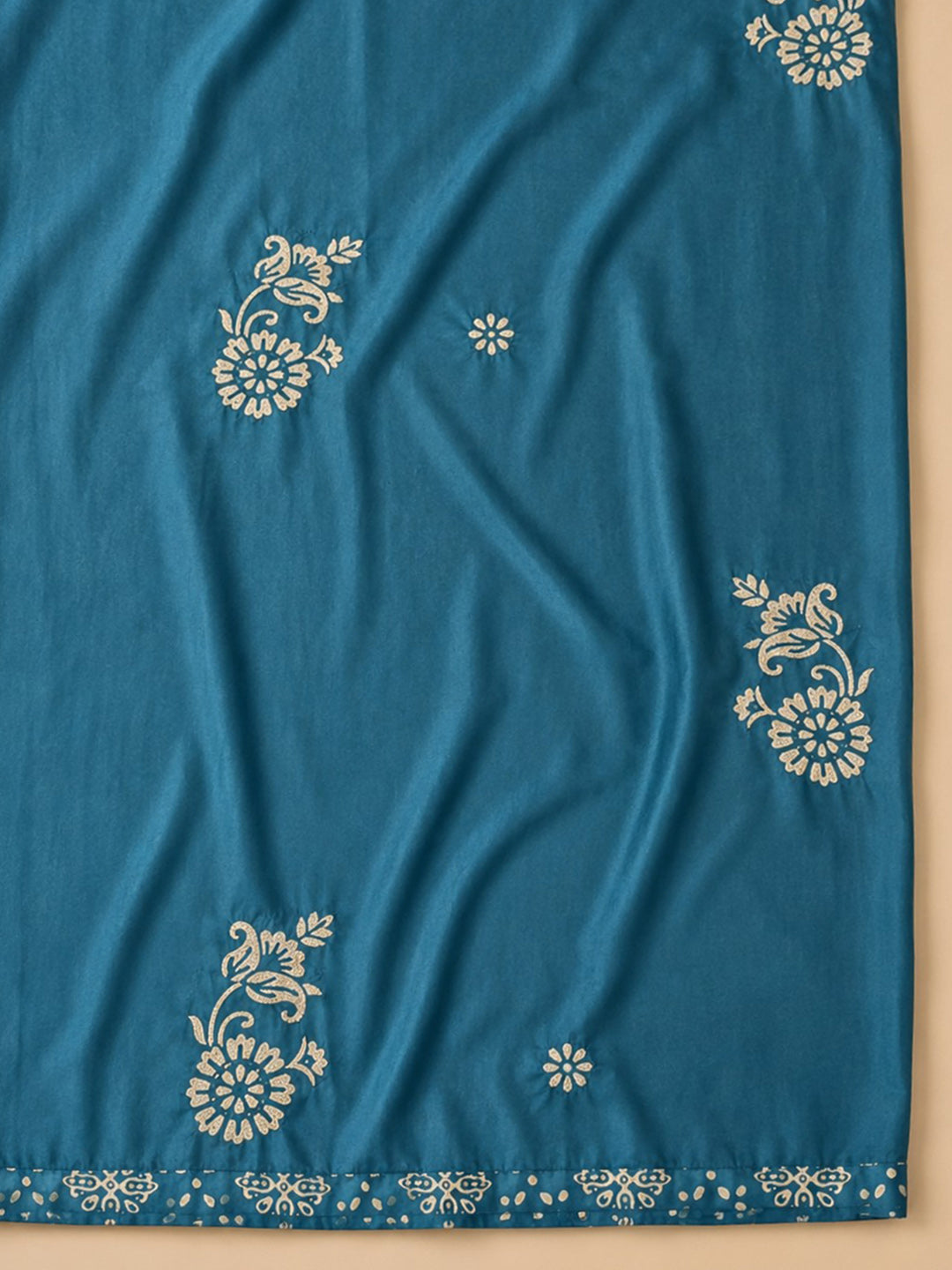 Teal Blue Embroidered Cotton Blend Unstitched Suit &amp; Pant With Cotton Dupatta