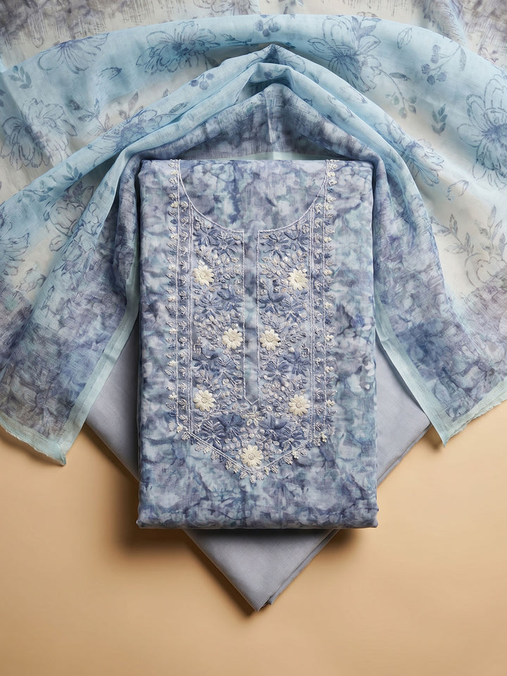 Blue Printed Chanderi Unstitched Suit With Pant &amp; Dupatta